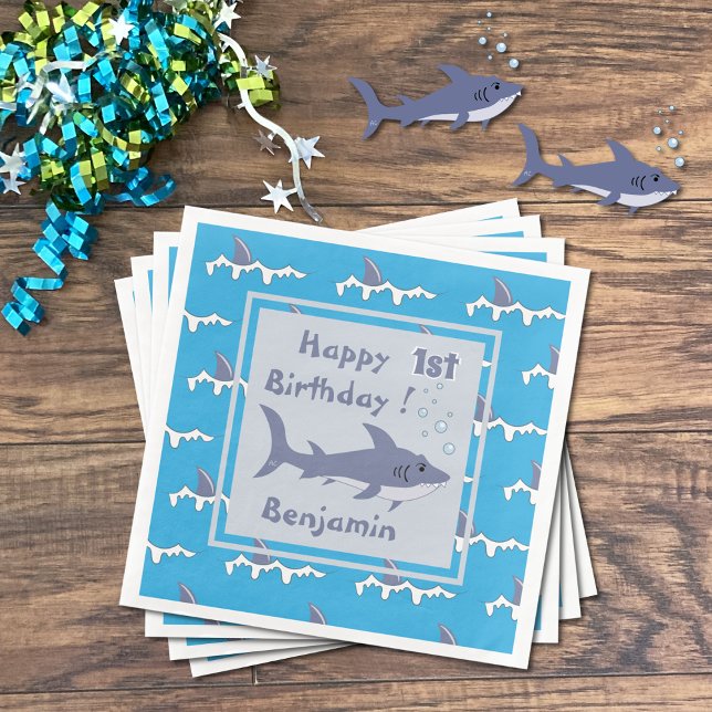 Shark Theme 1st Birthday Paper Napkins with Name (Make sure to get the matching plates and cups .)