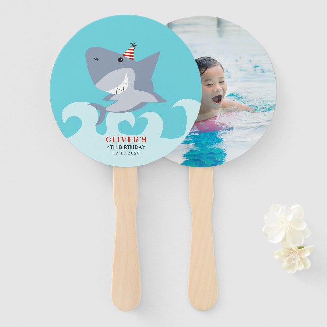 Shark Theme Birthday Party Photo Hand Fan (Front and Back)