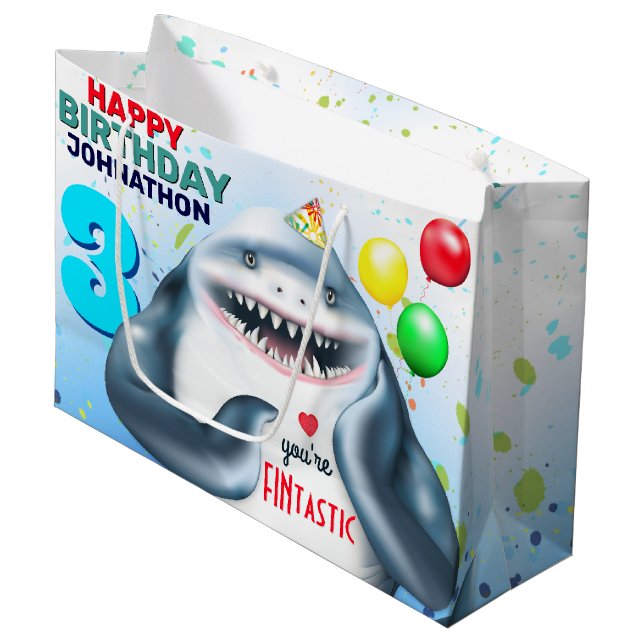 Shark Theme Fintastic Kids Birthday Large Gift Bag (Front Angled)