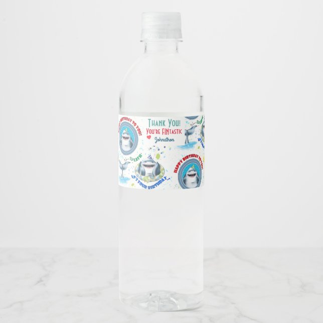 Shark Theme Fintastic Kids Birthday Water Bottle Label (Front)