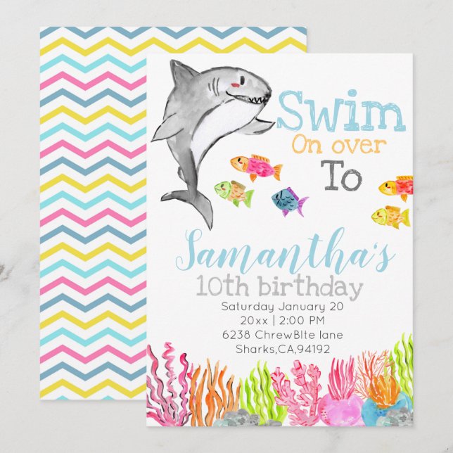 Shark theme kid birthday invitation (Front/Back)