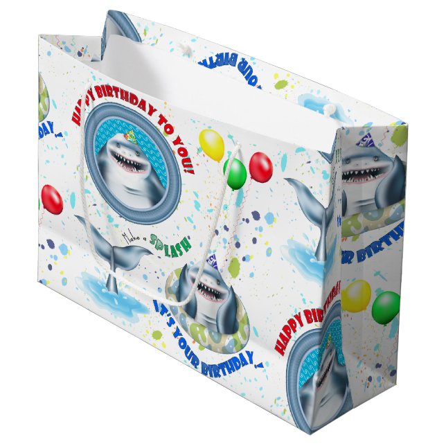 Shark Theme Kids Birthday Large Gift Bag (Front Angled)