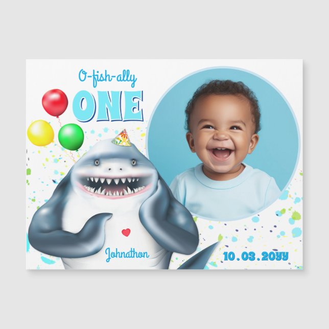 Shark Theme Kids Birthday Photo Magnetic Card (Front)