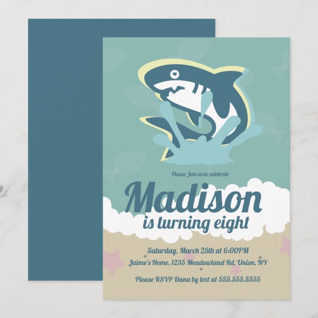 Shark Themed Girls Birthday Party Invitation (Front/Back)