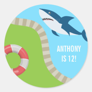 Shark themed Summer Pool Birthday Party Classic Round Sticker