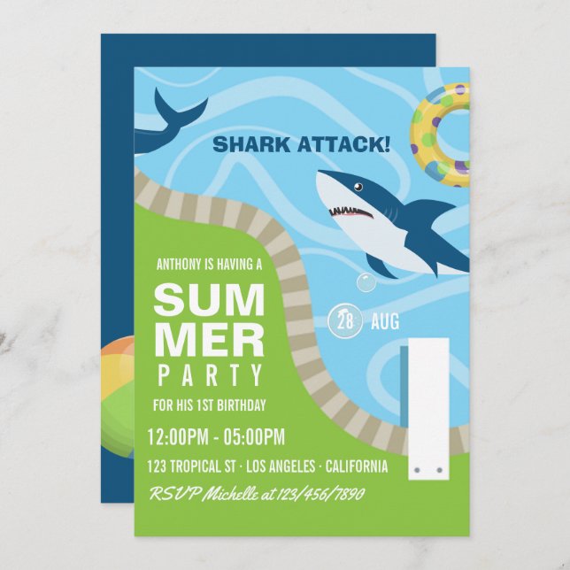 Shark themed Summer Pool Birthday Party Invitation (Front/Back)