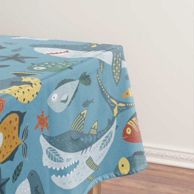 Shark Trendy Under the Sea Theme Green Background Tablecloth (In Situ)
