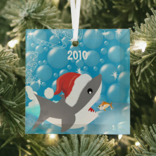 Shark Tropical Snowbird Vacation Dated Keepsake Glass Tree Decoration