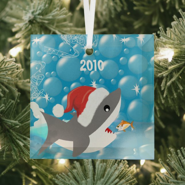 Shark Tropical Snowbird Vacation Dated Keepsake Glass Tree Decoration (Insitu)