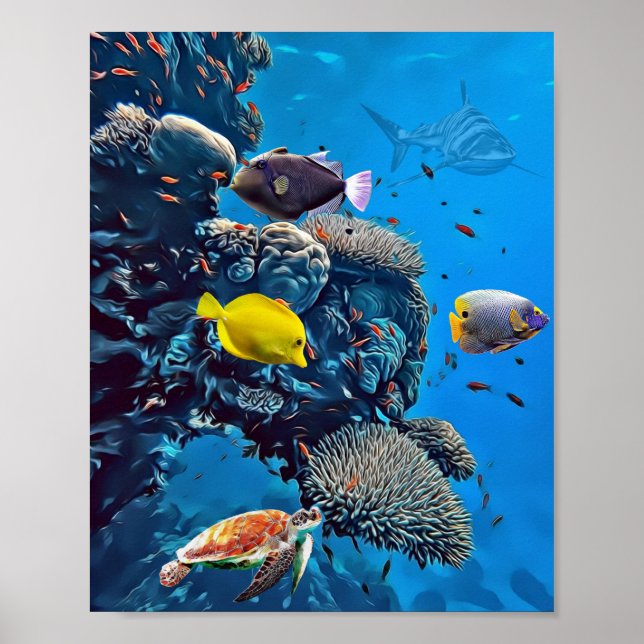 Shark, Turtle and Fish In Sea Life Poster (Front)