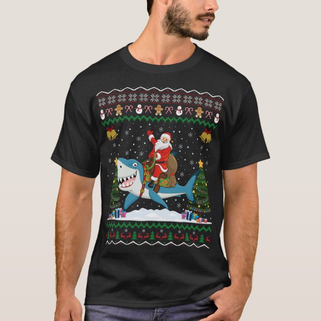 Shark Ugly Xmas Gift Santa Riding Shark Christmas T-Shirt (Front)