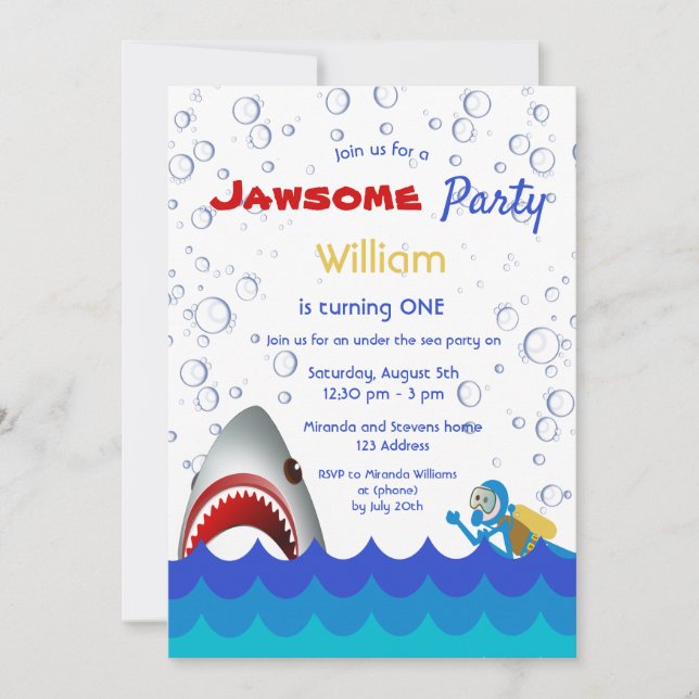 Shark under the sea 1st birthday party boy invitation (Front)