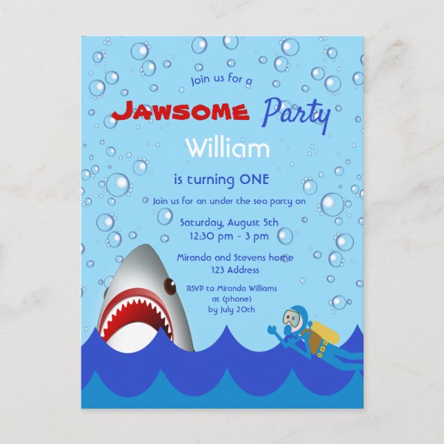Shark under the sea 1st birthday party invitation postcard (Front)