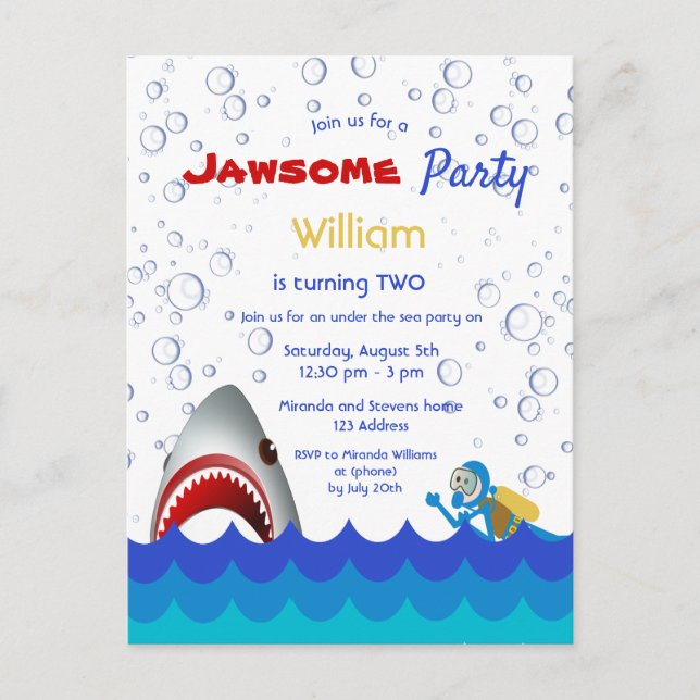Shark under the sea 2nd birthday party invitation postcard (Front)
