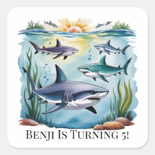 Shark Under The Sea Boy Birthday Square Sticker