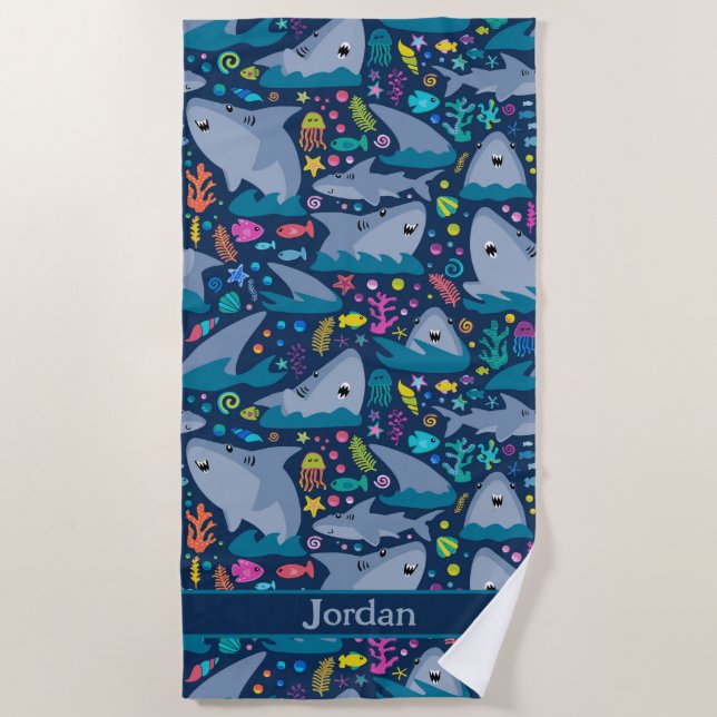 Shark Under The Sea Cute Personalised Pattern Beach Towel (Front)
