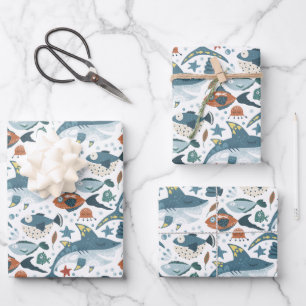 Shark Under The Sea Fish Kids Birthday Wrapping Paper Sheet