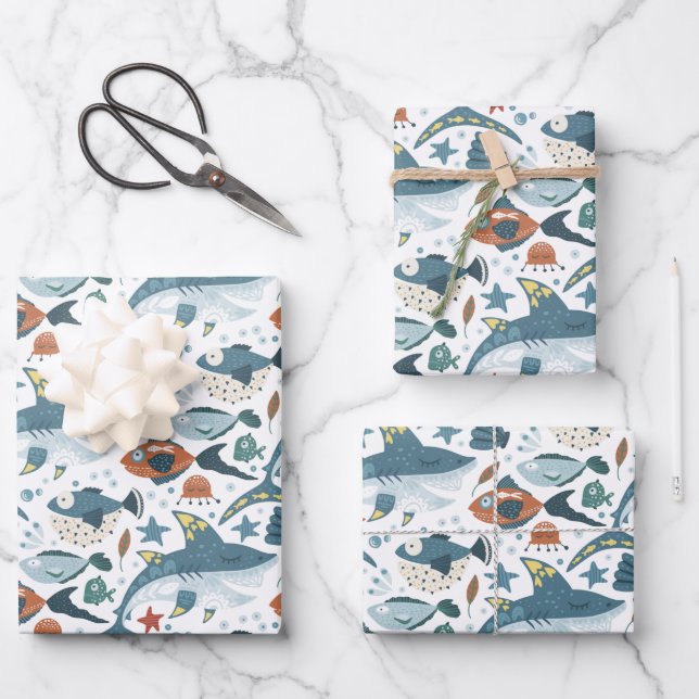 Shark Under The Sea Fish White Kids Birthday Wrapping Paper Sheet (Front)