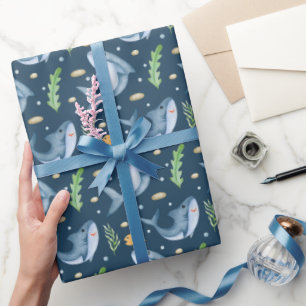 Shark Under the Sea Navy Blue Gift Wrapping Paper