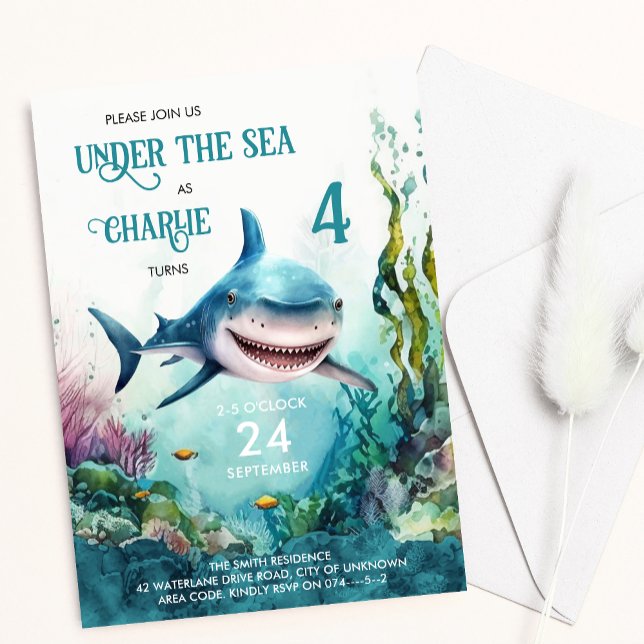 Shark Under the Sea Ocean Themed Kids Birthday Invitation (Creator Uploaded)