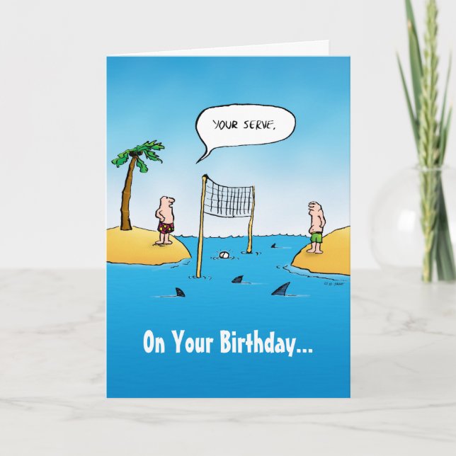 Shark Volleyball Funny Cartoon Birthday Card (Front)