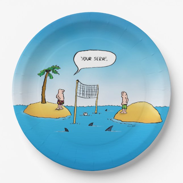 Shark Volleyball Funny Cartoon Paper Plate (Front)