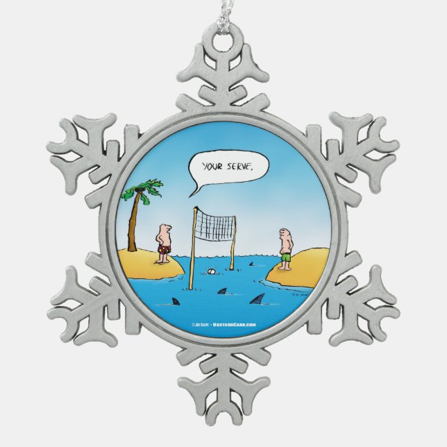 Shark Volleyball Funny Cartoon Snowflake Pewter Christmas Ornament (Front)