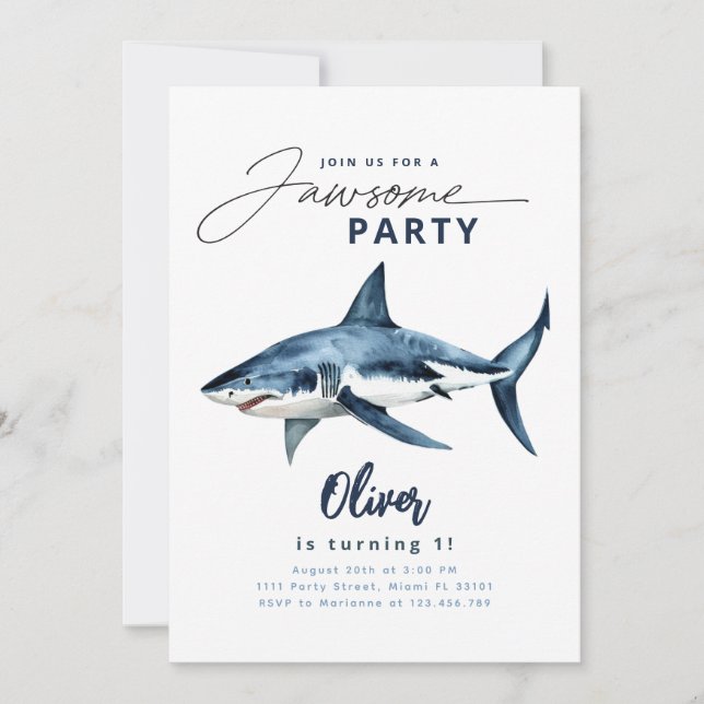 Shark Watercolor Blue Minimalist Jawsome Party Invitation (Front)