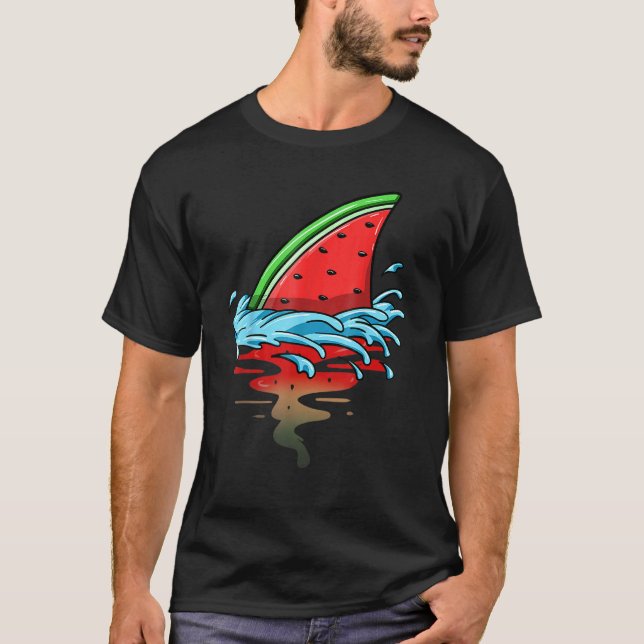 Shark Watermelon  Fish Fin Summer Fruit Slice Seed T-Shirt (Front)