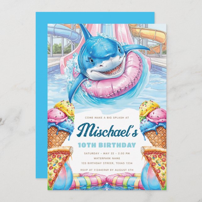 Shark Waterpark Fun Boys Pool Party Birthday Invitation (Front/Back)
