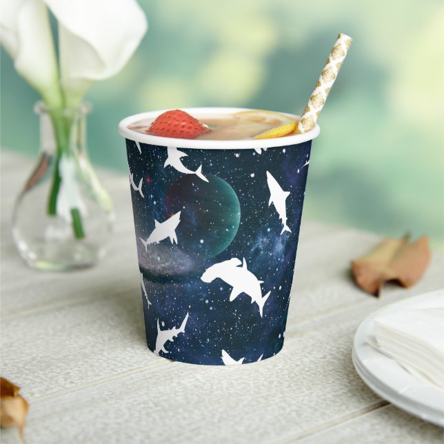 Shark white shadow on Dark galaxy Space Paper Cups (Insitu)
