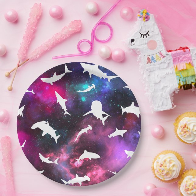 Shark white shadow on Dark galaxy Space Paper Plate (Party)