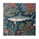 Shark William Morris style Left facing Sea Ocean Tile<br><div class="desc">"classy classic art nouveau",  "sage green swimming shark",  "ocean sea marine animals",  "william morris ceramic tile",  "blue aquatic water life",  "seaside dark navy red",  "vintage stylish hawaiian beach life",  "nautical wildlife wild animal",  "left facing hawaii floral fish",  "traditional botanical underwater antique"</div>