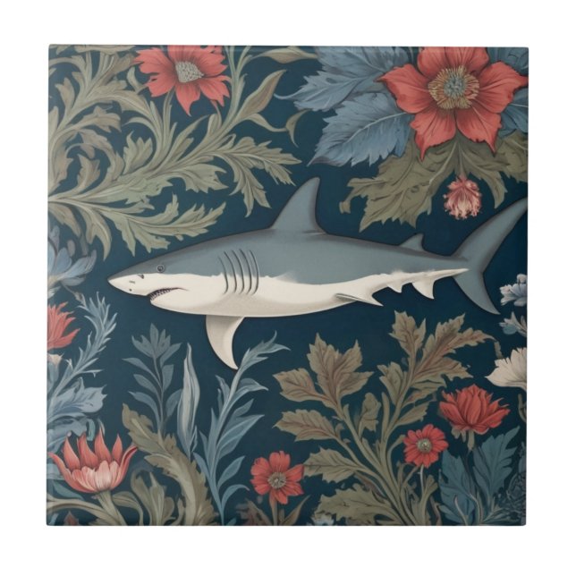 Shark William Morris style Left facing Sea Ocean Tile (Front)