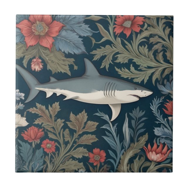 Shark William Morris style Right facing Sea Ocean Tile (Front)