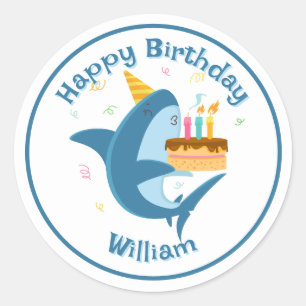 Shark with Birthday Cake Classic Round Sticker