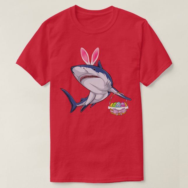 Shark with Easter Basket and Bunny Ears Happy East T-Shirt (Design Front)