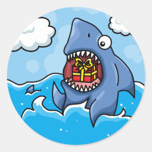 Shark with Present Classic Round Sticker