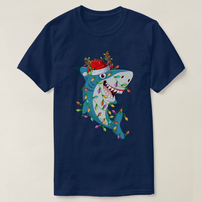 Shark Xmas Lights Reindeer Santa Shark Christmas  T-Shirt (Design Front)
