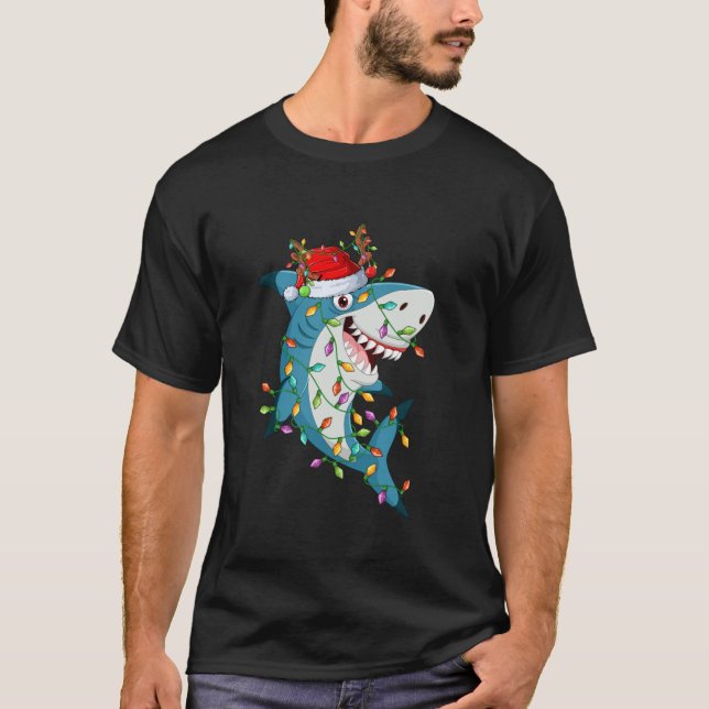 Shark Xmas Lights Reindeer Santa Shark Christmas  T-Shirt (Front)