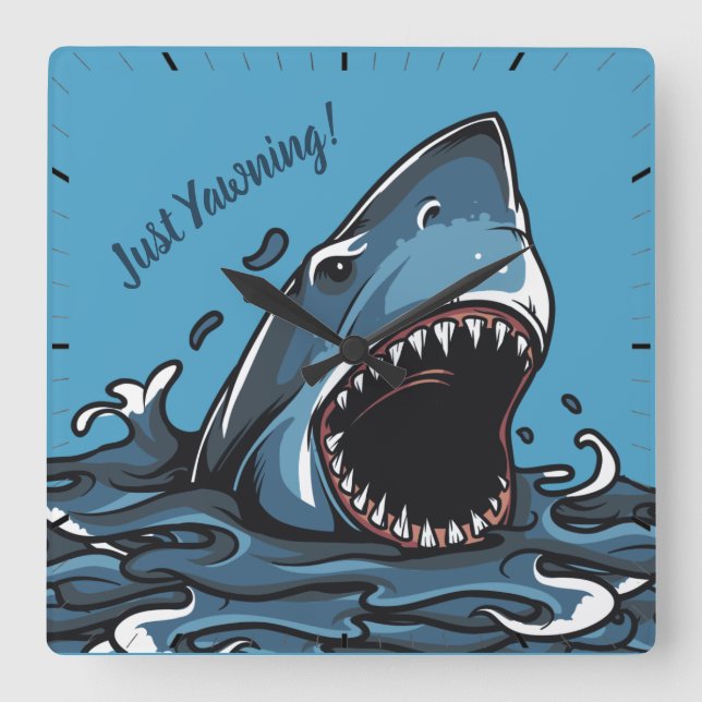 SHARK YAWNING, SHARK TIRED, OPEN MOUTH SQUARE WALL CLOCK (Front)