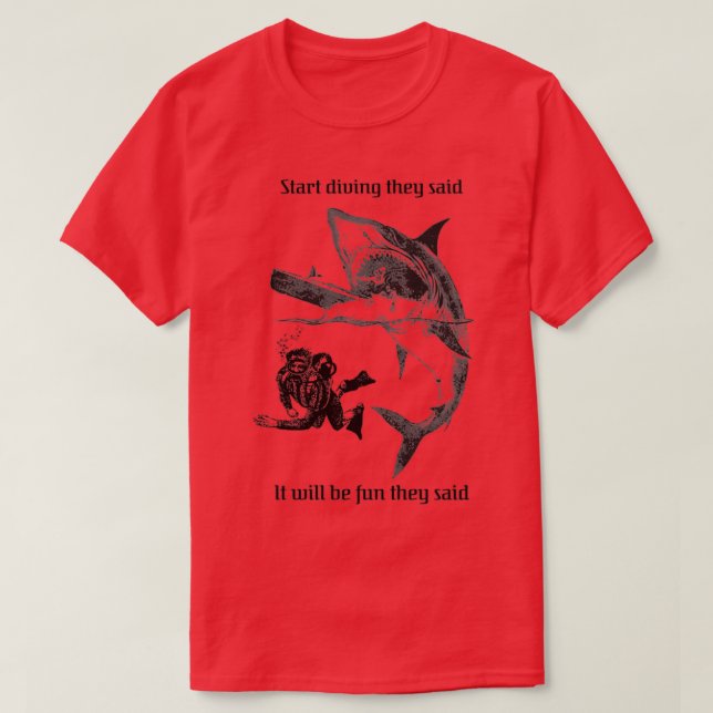 Sharkaggedon Scuba diver encounters the great whit T-Shirt (Design Front)