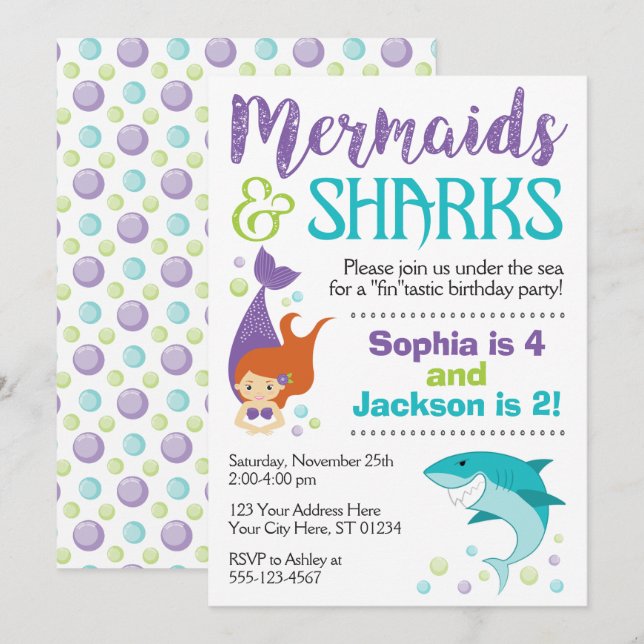 Sharks and Mermaids Birthday Invitation (Front/Back)