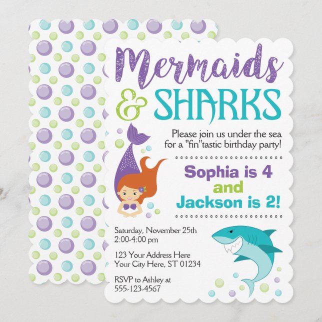 Sharks and Mermaids Birthday Invitation (Front/Back)