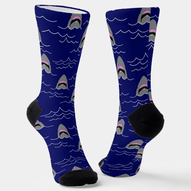 Sharks and Ocean Waves Navy Blue Fish Pattern Socks (Angled)