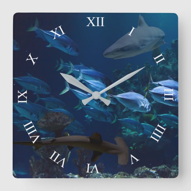 Sharks and School of Fish in Blue Ocean Wall Clock (Front)