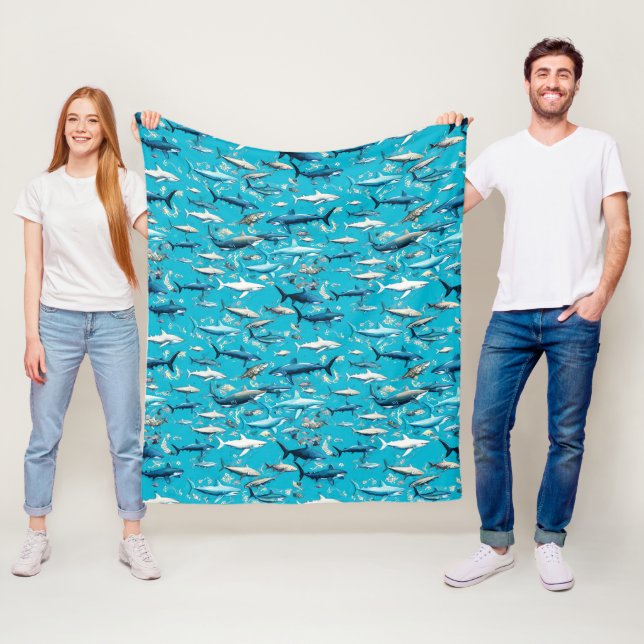 Sharks and Sea Life on Sea Blue Fleece Blanket (In Situ)