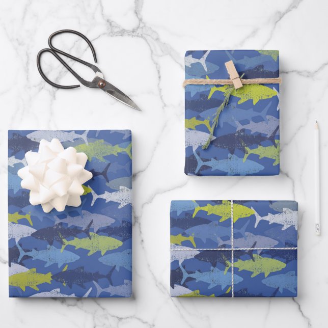 Sharks Beach Ocean Repeat Pattern Wrapping Paper Sheet (Front)