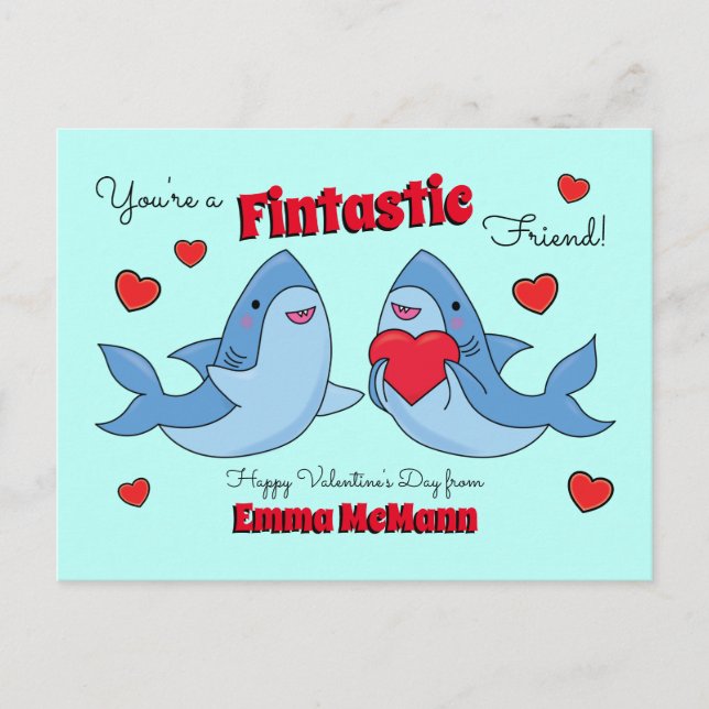 Sharks Cute Kids Classroom Valentine Card (Front)