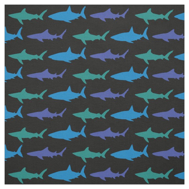 Sharks Cute Silhouette Blue Black Fabric (Swatch)